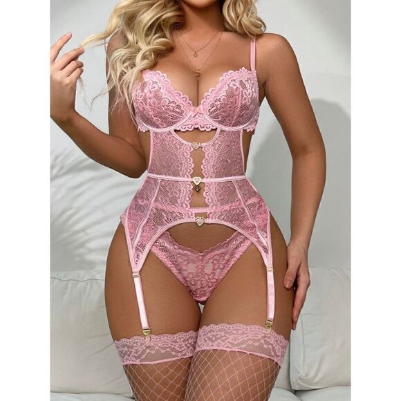 Sexy Lace Push Up Pink Bra Garter Fishnet Lingerie Set - Picture 1 of 9
